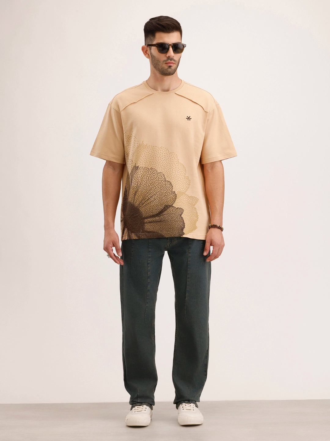 Oversized Cut & Sew Placement Printed T-Shirt | Beige