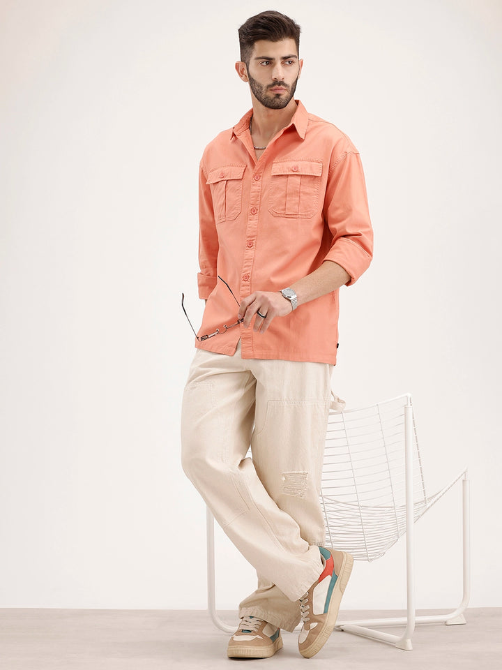 Oversized Solid Double Pocket Shirt | Peach