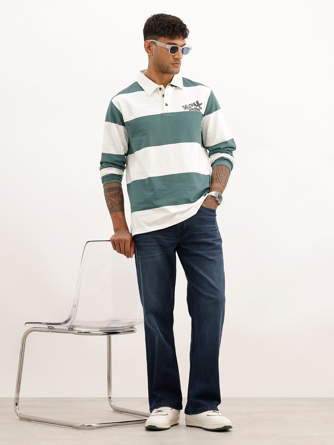 Comfort Fit Full Sleeve Striped Polo T-Shirt | Off White