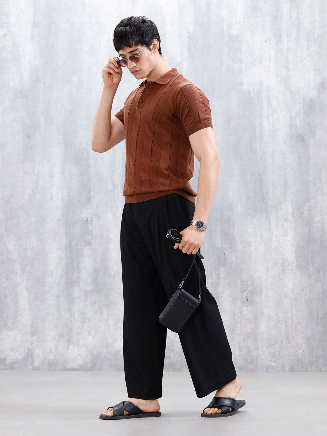 Classic Flat Knit Textured Polo T-Shirt For Men | Brown