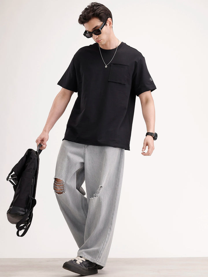 Oversized Solid Patch Pocket T-Shirt | Black