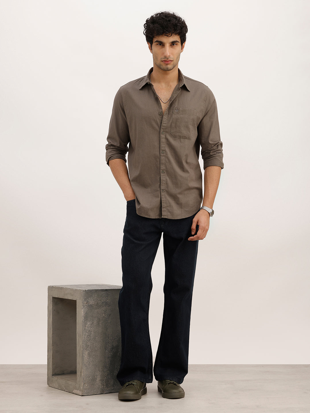 Solid Slim Fit Full Sleeve Shirt | Olive