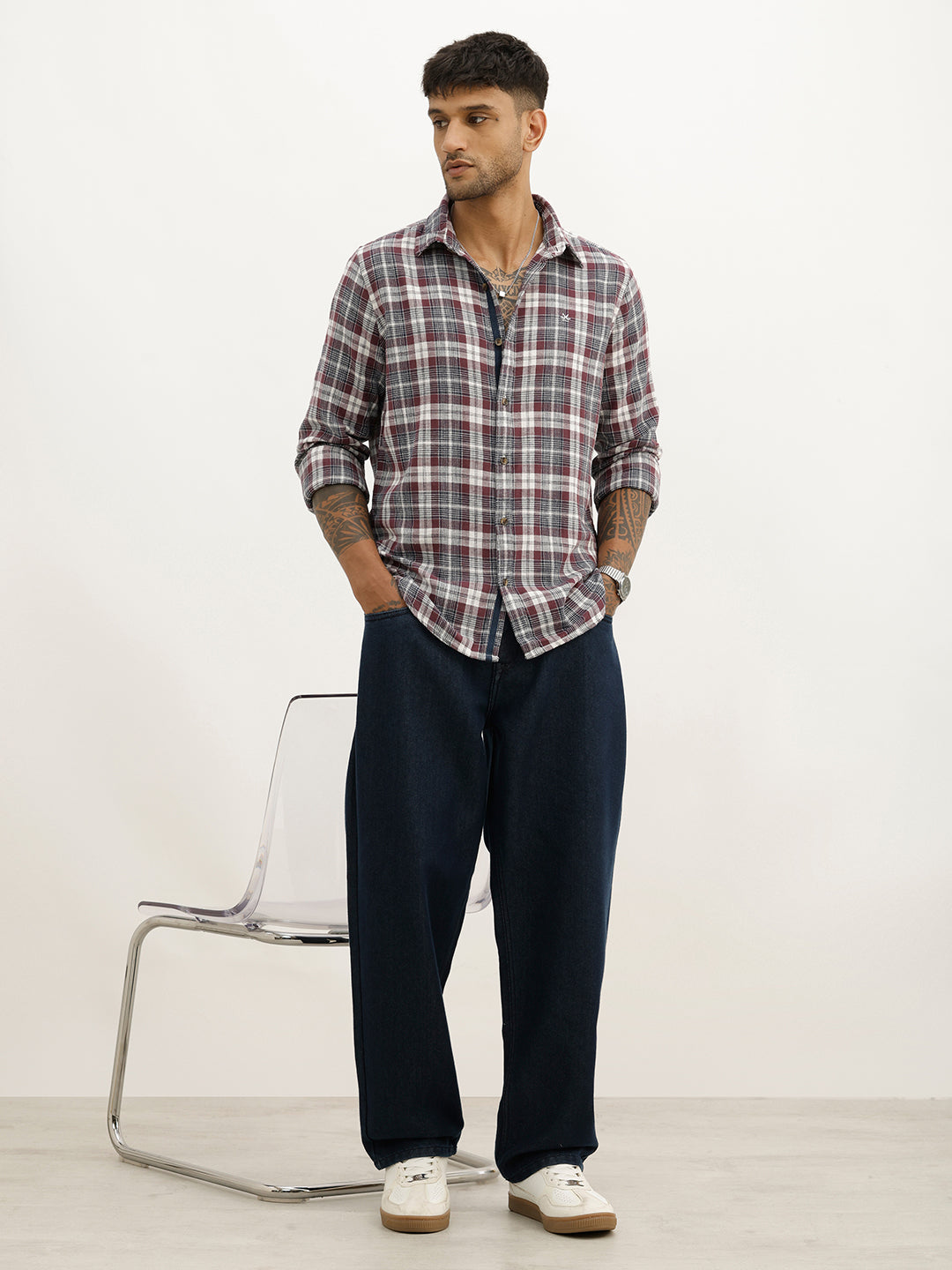 Classic Slim Fit Checkered Shirt | Maroon