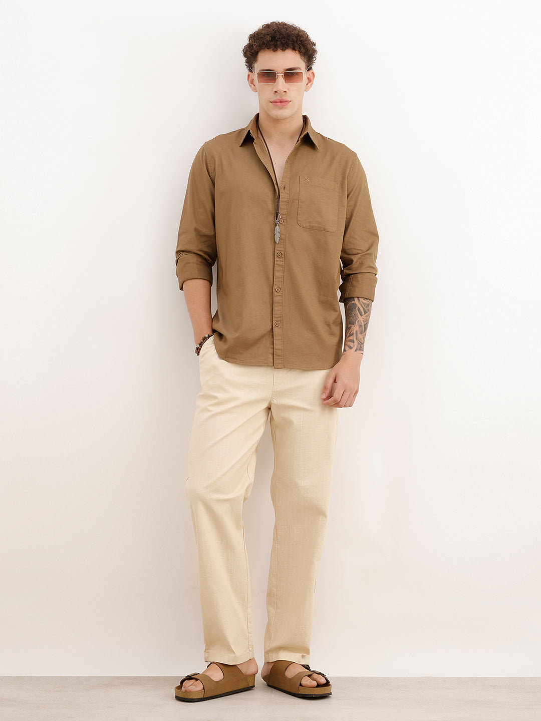 Solid Regular Fit Full Sleeve Shirt | Khaki | WWSH0851MAZ