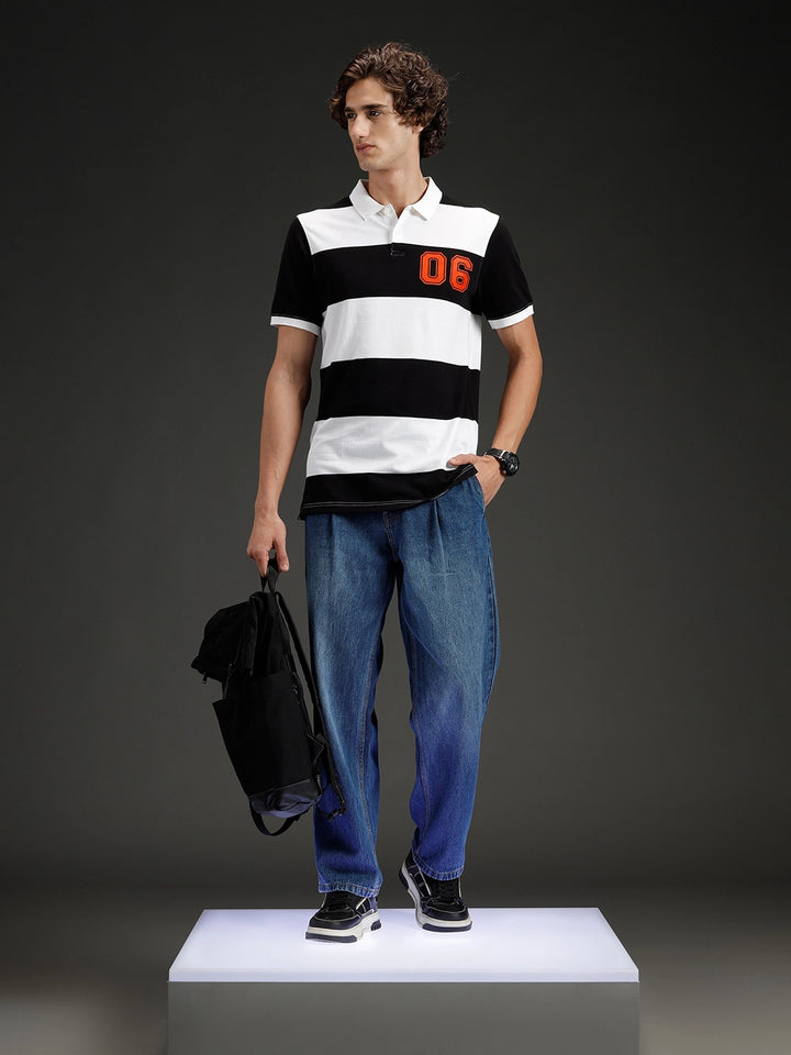 Wrogn Striped Colorblocked Varsity Polo | Black