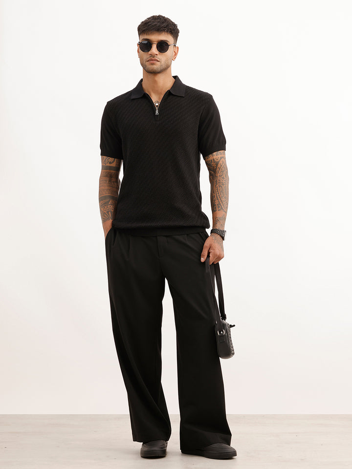Solid Textured Quater Zipper Polo T-Shirt | Black