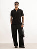 Solid Textured Quater Zipper Polo T-Shirt | Black
