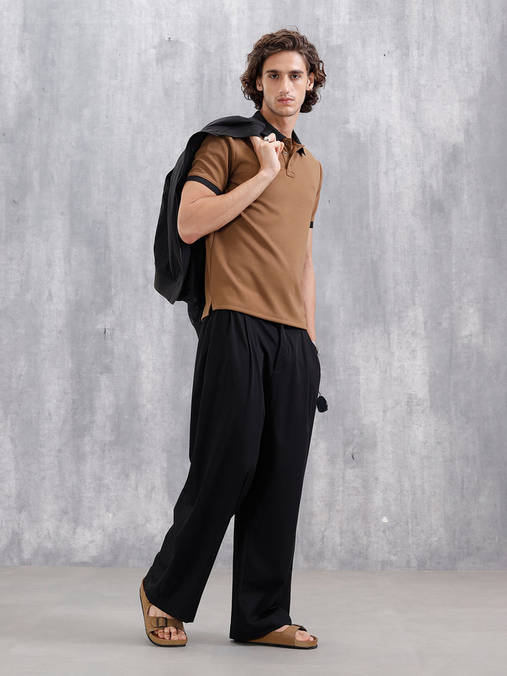 Men Slim Fit Polo Collar T-Shirt With Contrast Collar | Brown