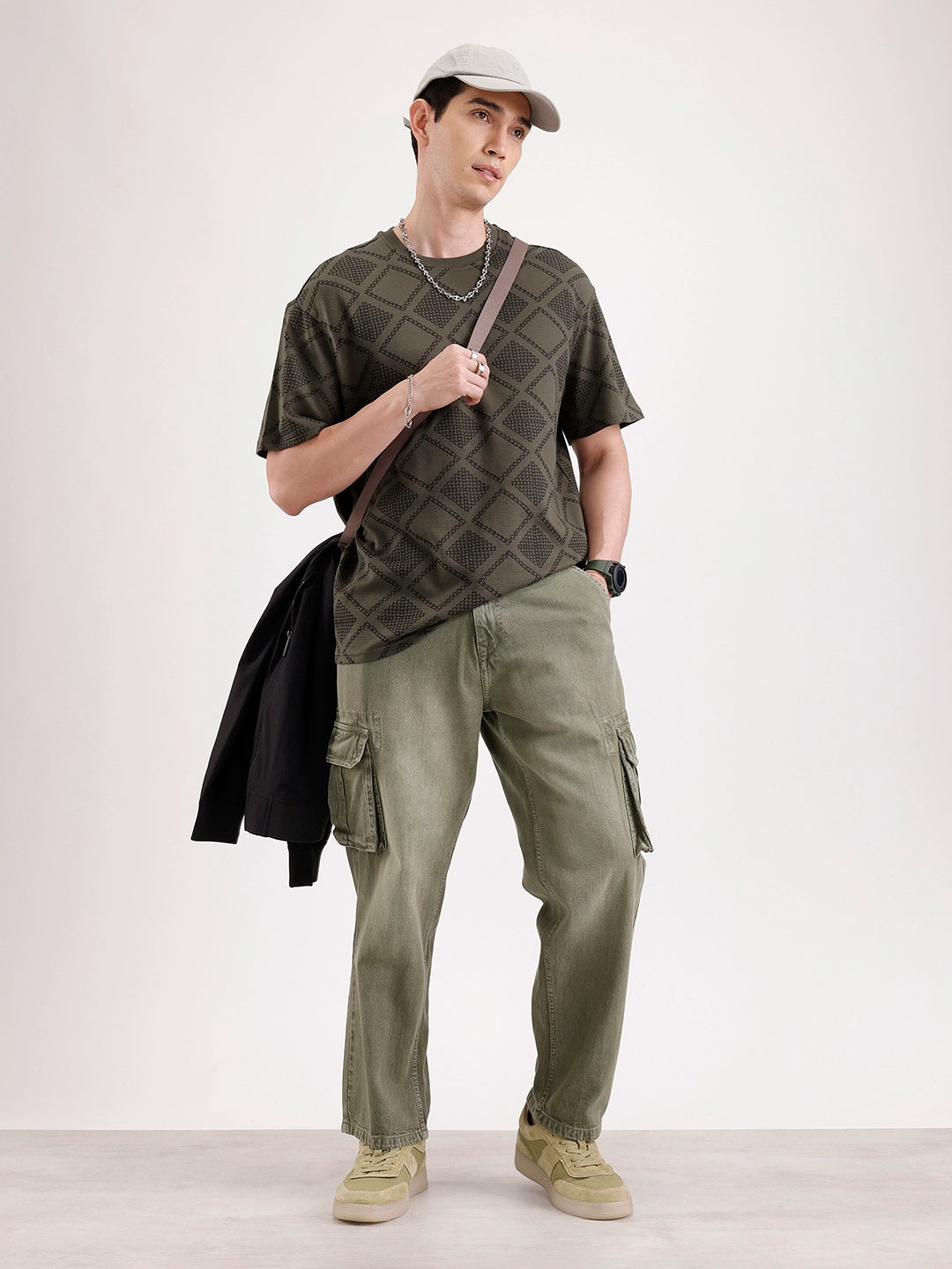 Oversized Popcorn Textured AOP T-Shirt | Olive