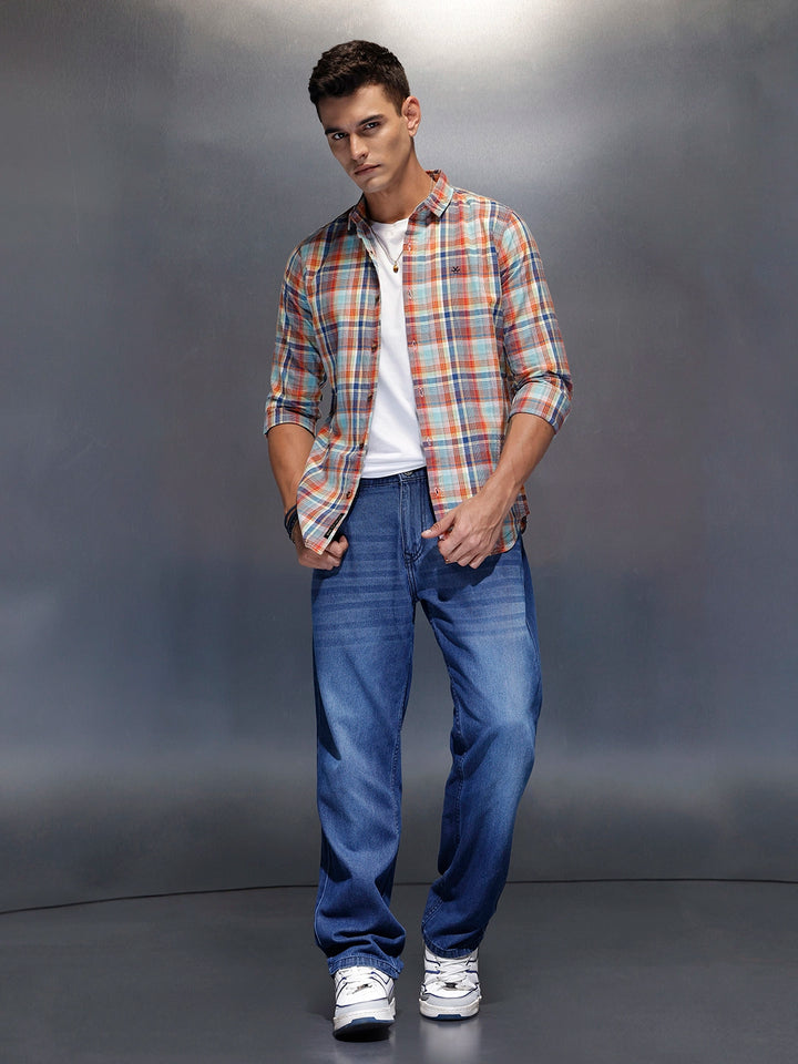 Men's slim fit checked shirt | Orange