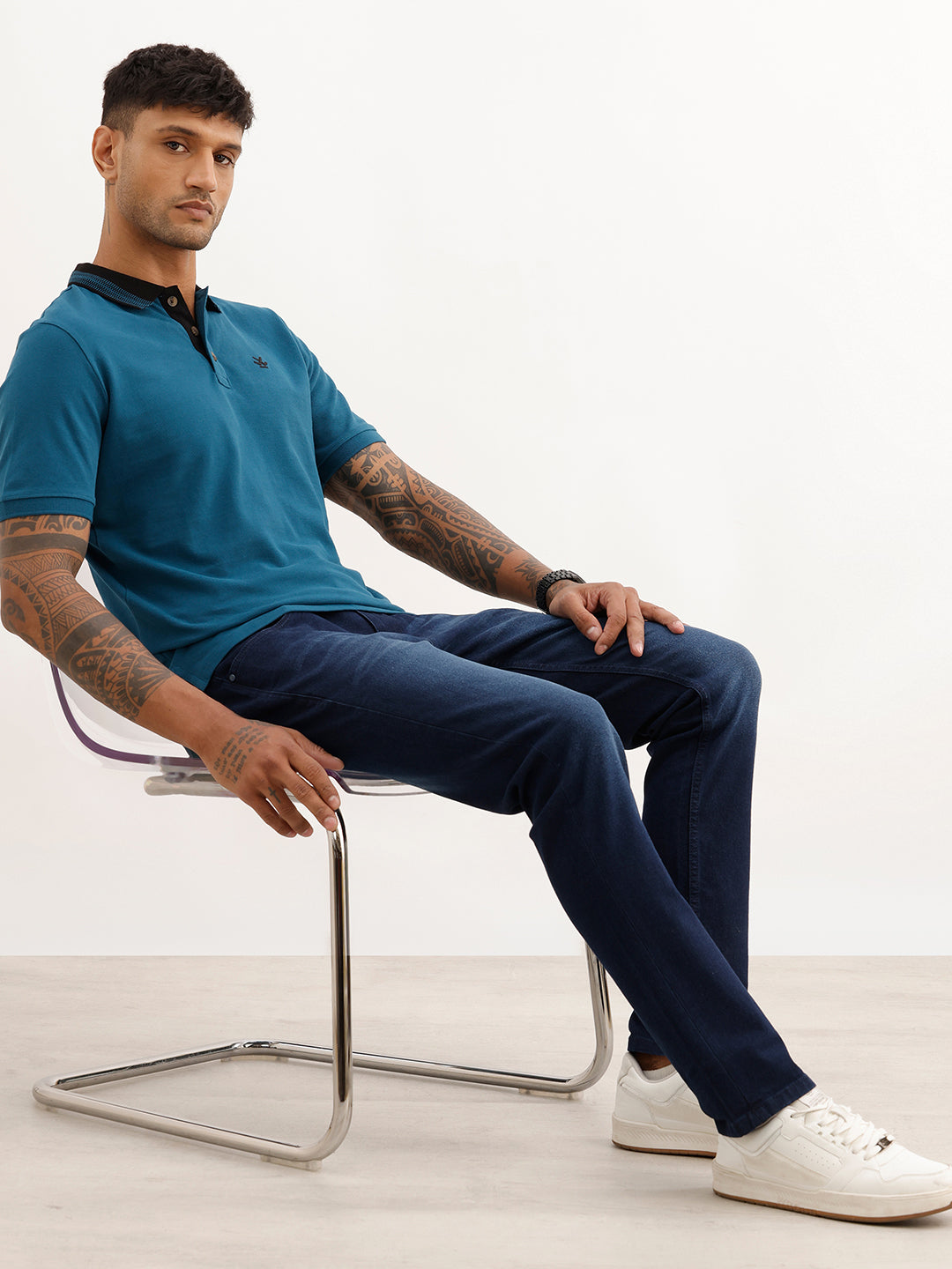 Solid Slim Fit Jacquard Collar Polo T-Shirt | Teal