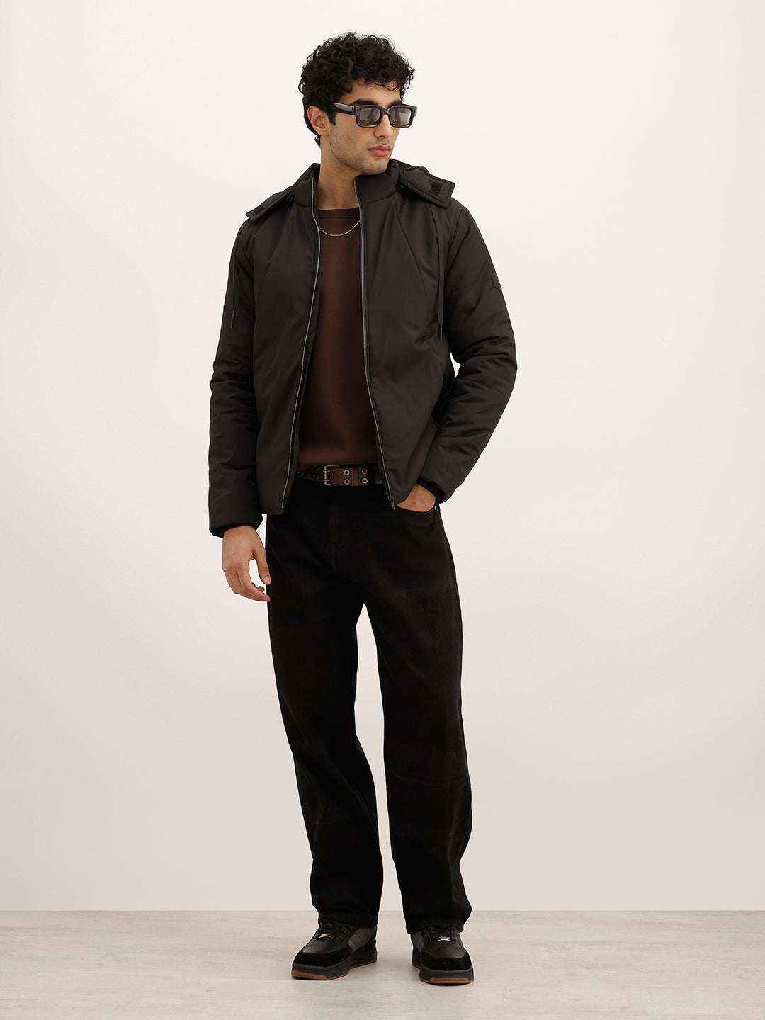 Solid Regular Fit Hooded Jacket | Black