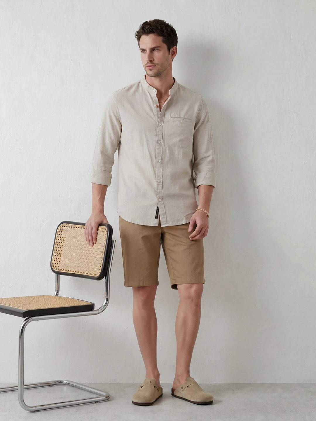 Classic Solid Mandrin Collar Shirt | Grey