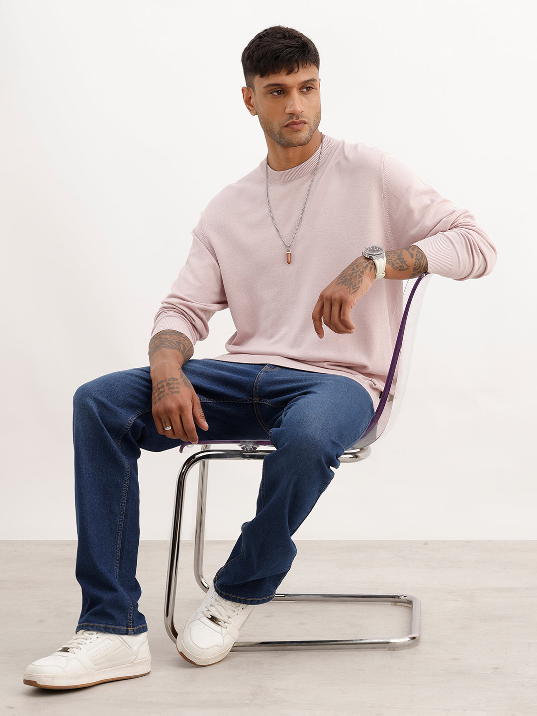 Solid Comfort Fit Full Sleeve Sweater | Pink