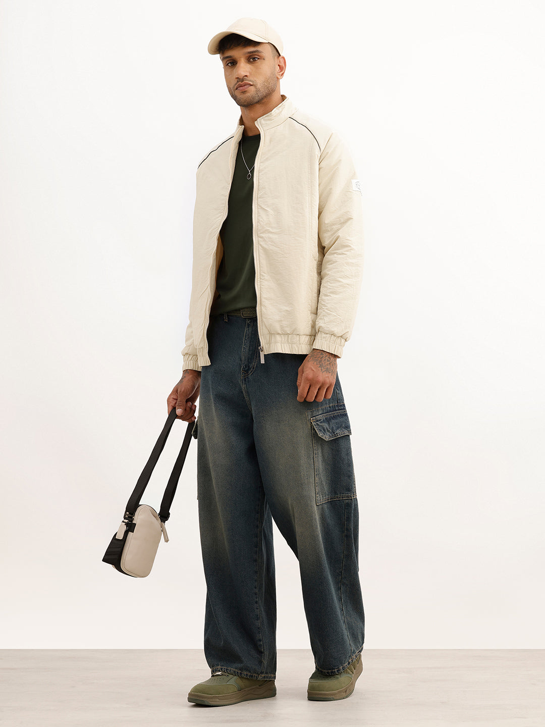 Solid Regular Fit Zipper Puffer Jacket | Beige