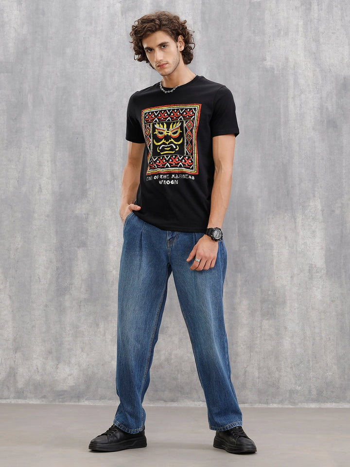 Mythical Face Graphic Crew Neck T-Shirt In Slim Fit  |  Black