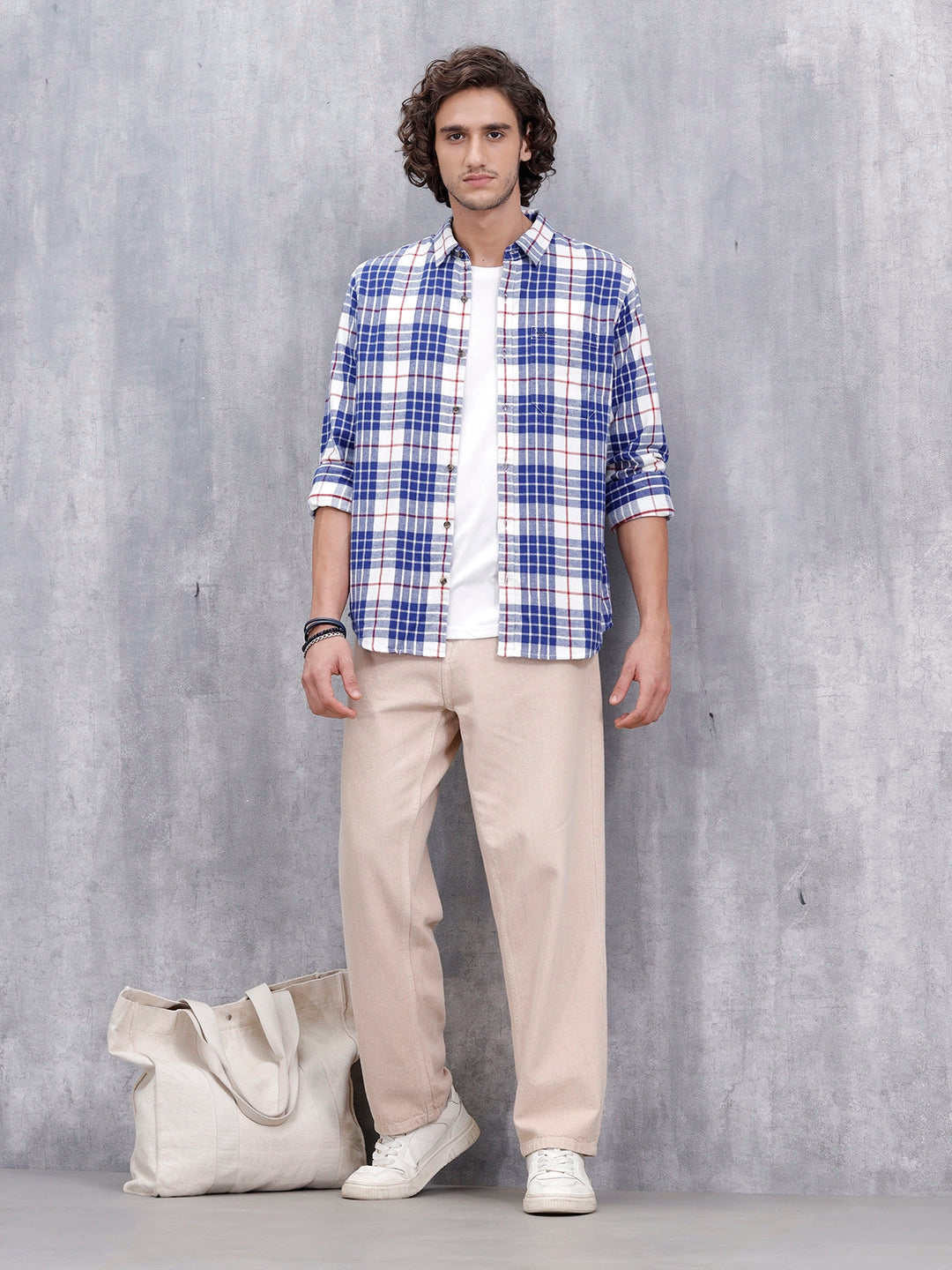 Men's Casual Checkered Pattern Regular Fit Shirt | Navy Blue