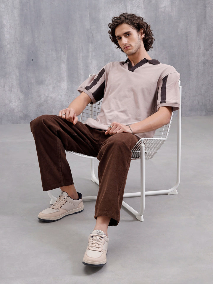 Oversized Johnny Collar Sporty Polo T-Shirt | Brown