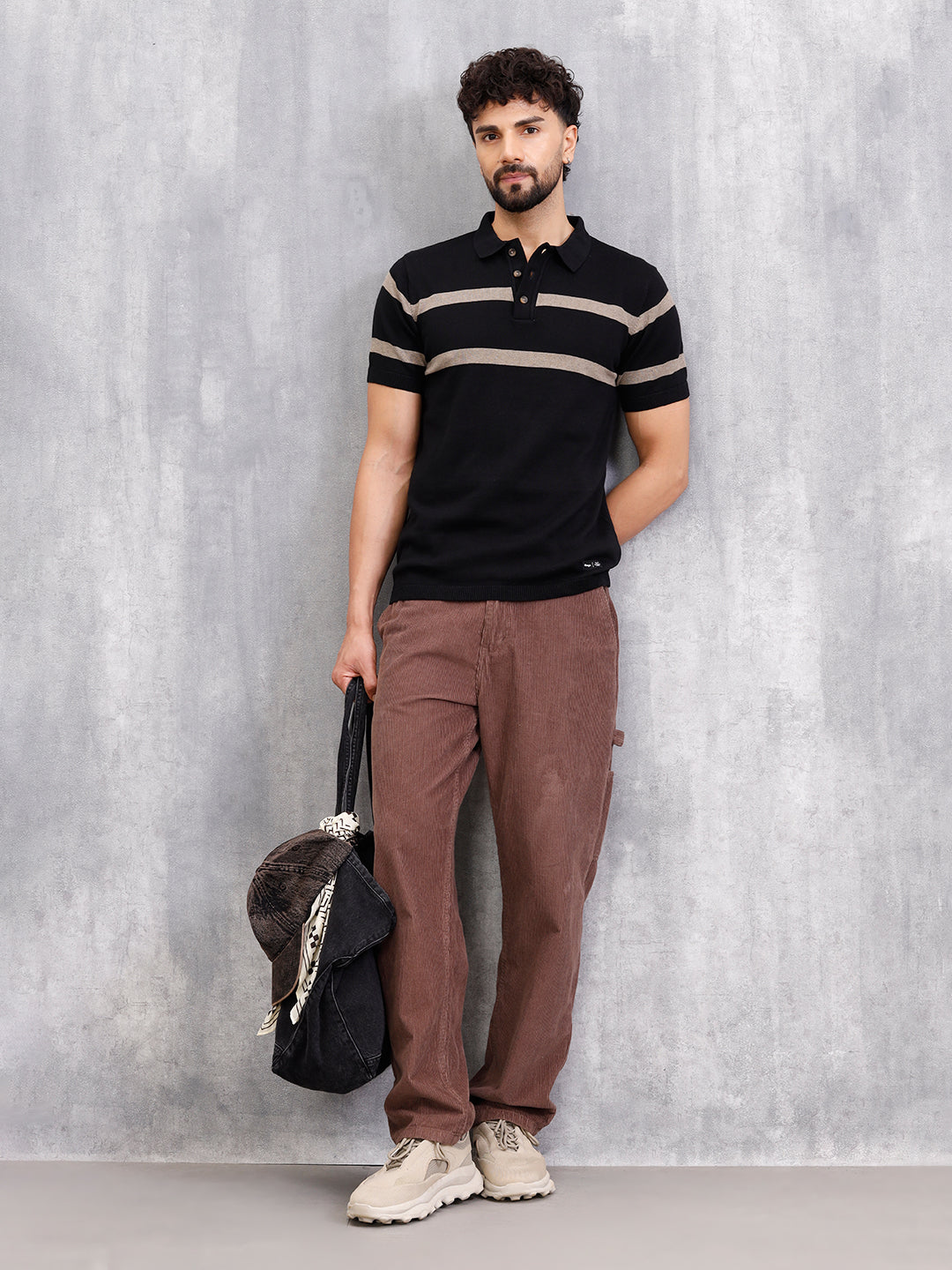 Flat Knit Striped Pattern Polo T-Shirt | Black