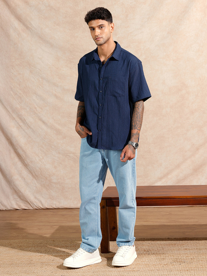 Classic Textured Short Sleeve Shirt  | Navy Blue