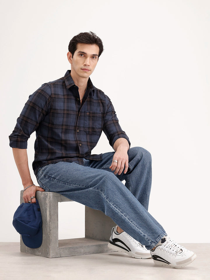 Slim Fit Checkered Shirt | Navy Blue