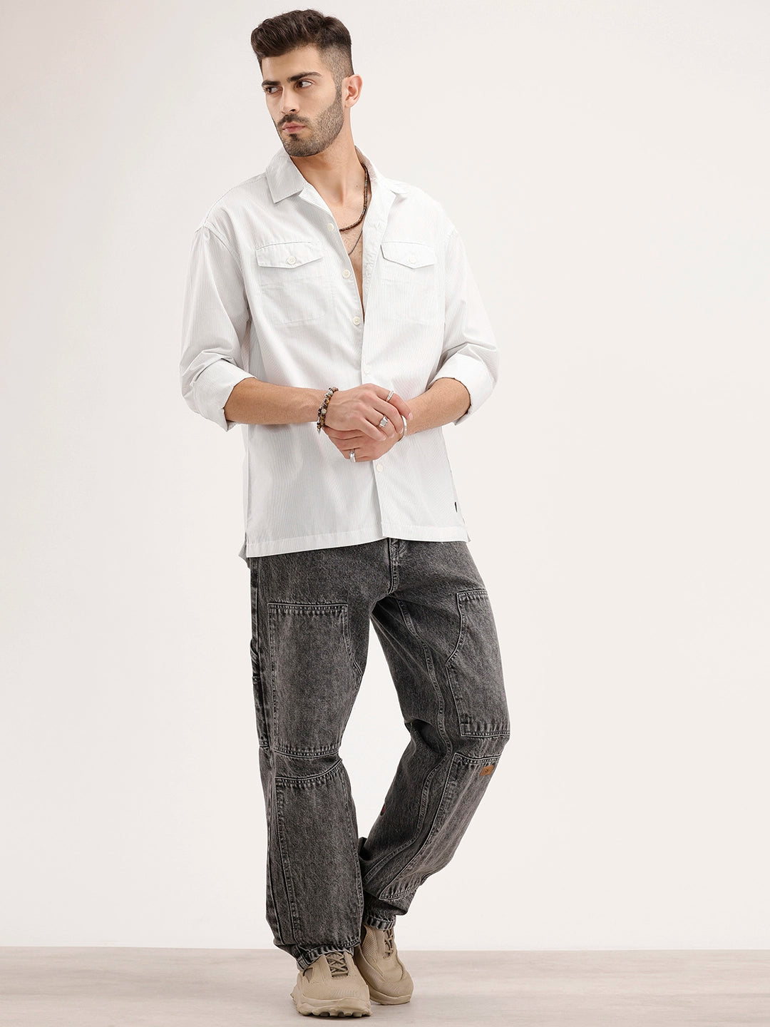 Oversized Striped Double Pocket Shirt | Off White