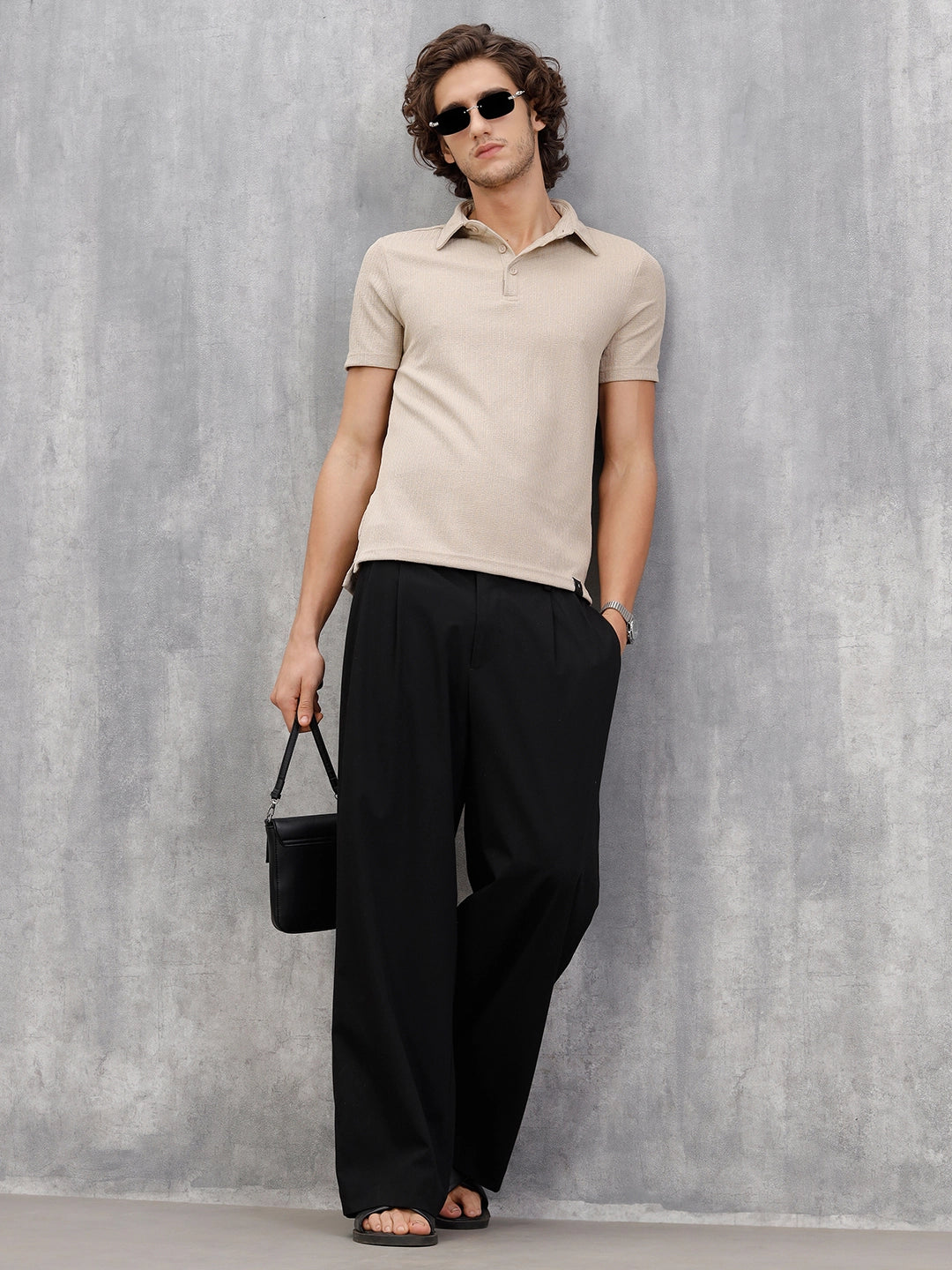 Textured Jacquard Self Design Polo In Slim Fit | Beige