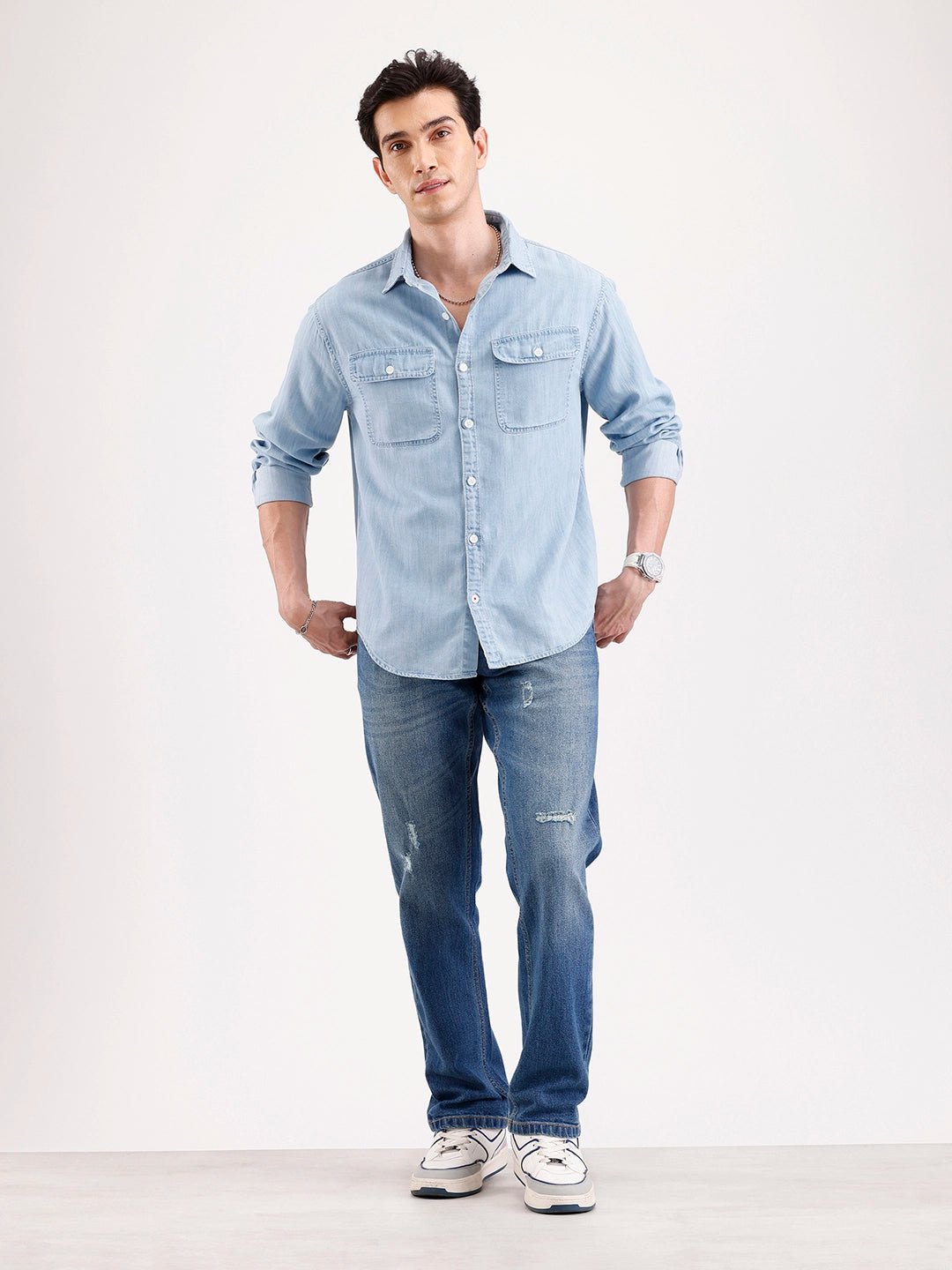 Distressed Straight Fit Denim Jeans   |  Blue