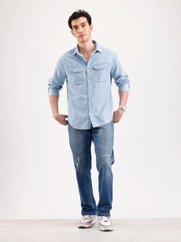 Distressed Straight Fit Denim Jeans   |  Blue