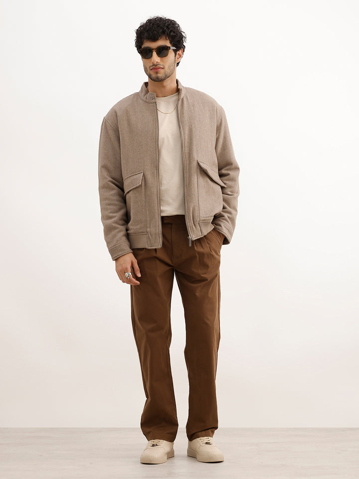Solid Comfort Fit Double Pocket Jacket | Brown