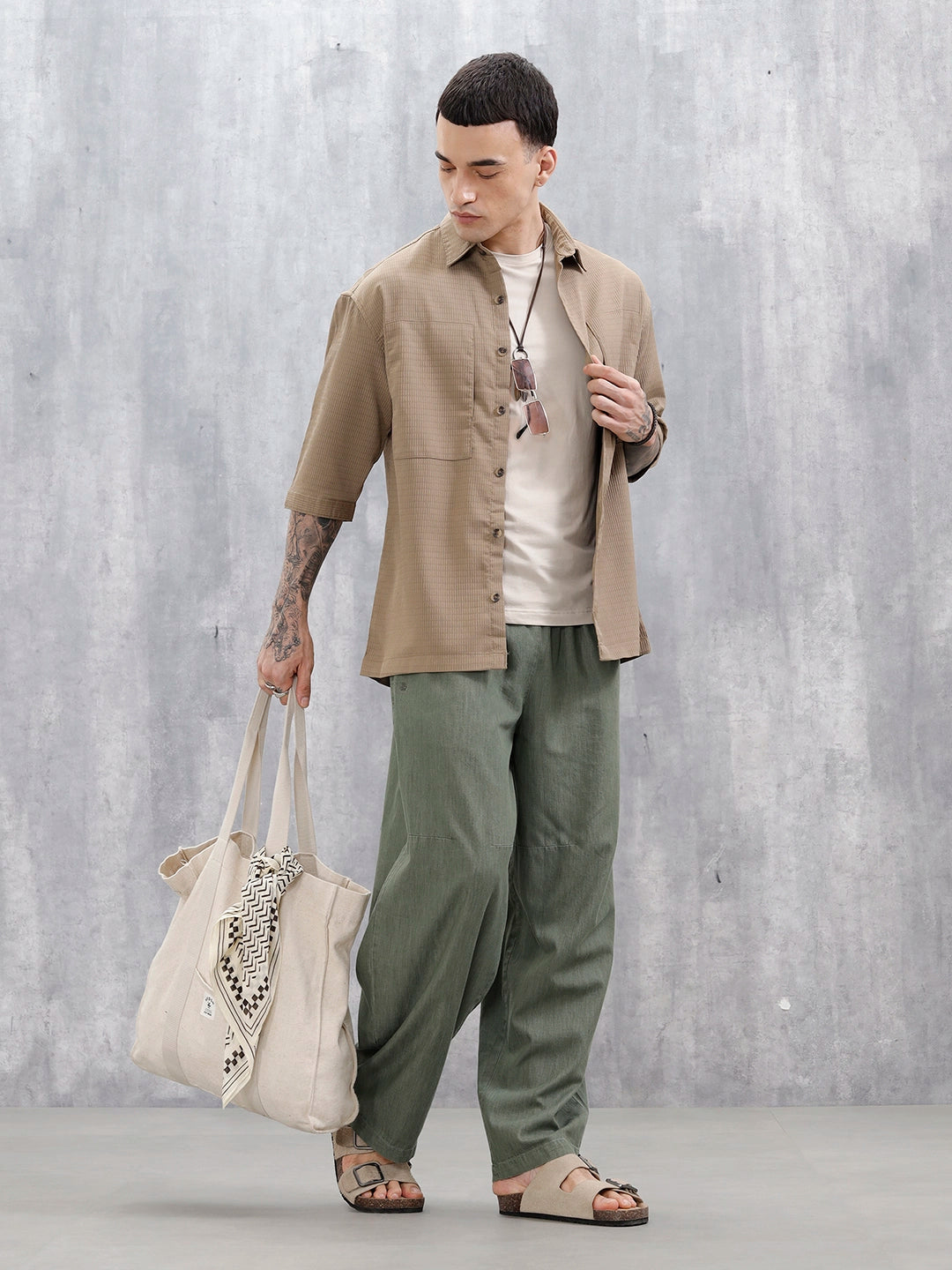 Wrogn Comfort Fit Self Textured Shirt | Khaki