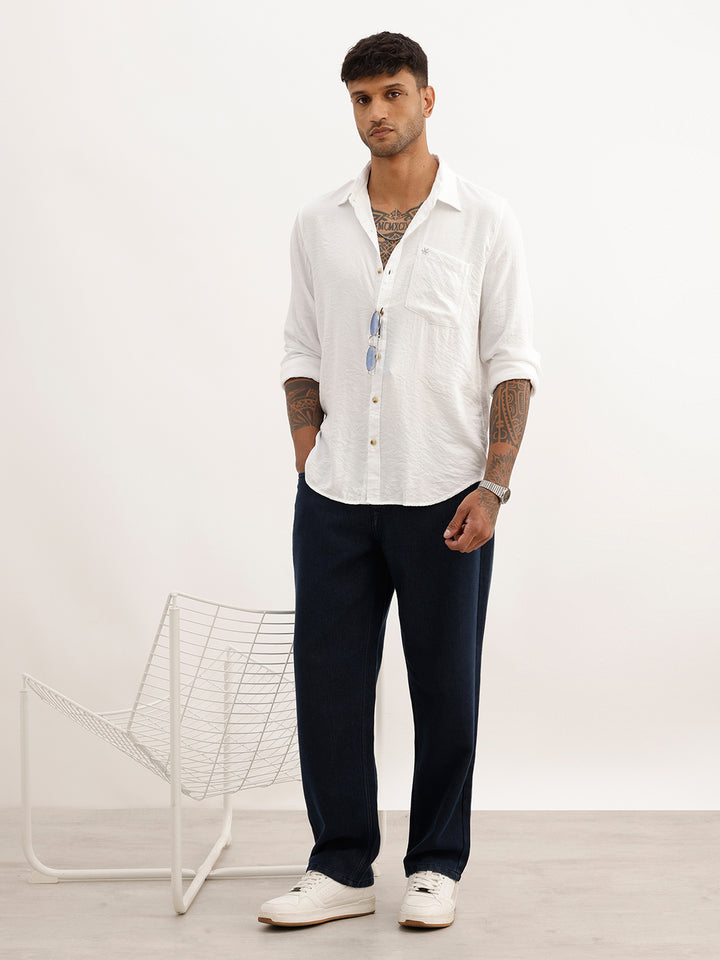 Solid Textured Regular Fit Full Sleeve Shirt | White