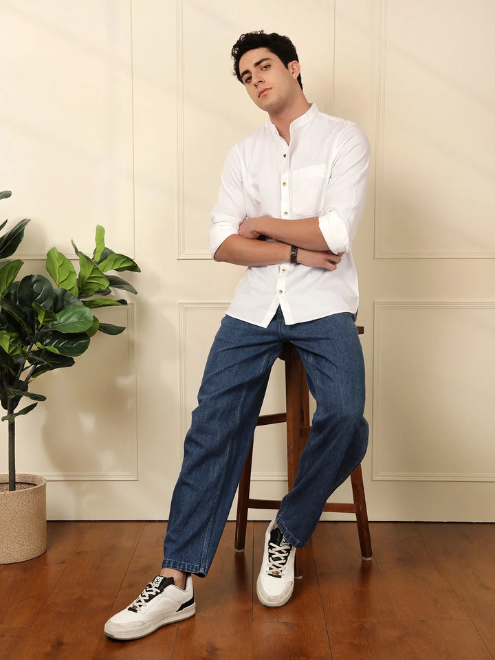 Mandarin Collar Slim Fit Shirt in White