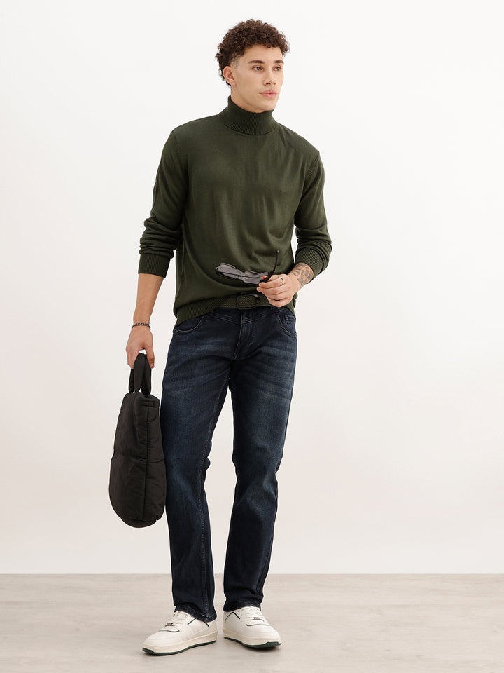 Solid Regular Fit Turtle Neck Sweater | Olive
