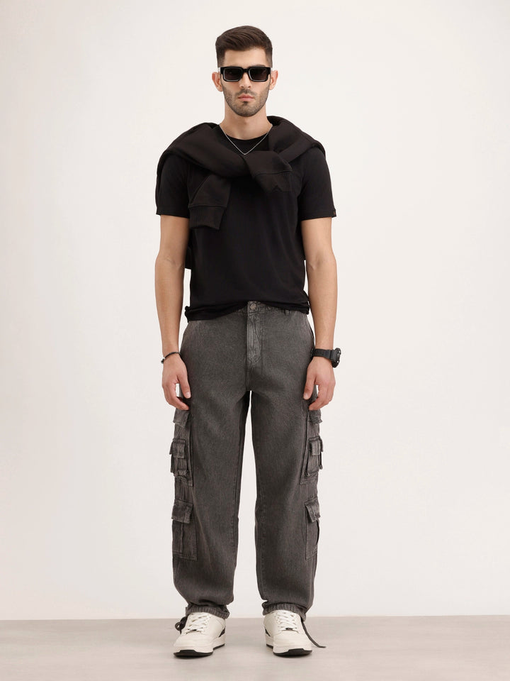 Loose Fit Cargo Denim Jeans | Charcoal