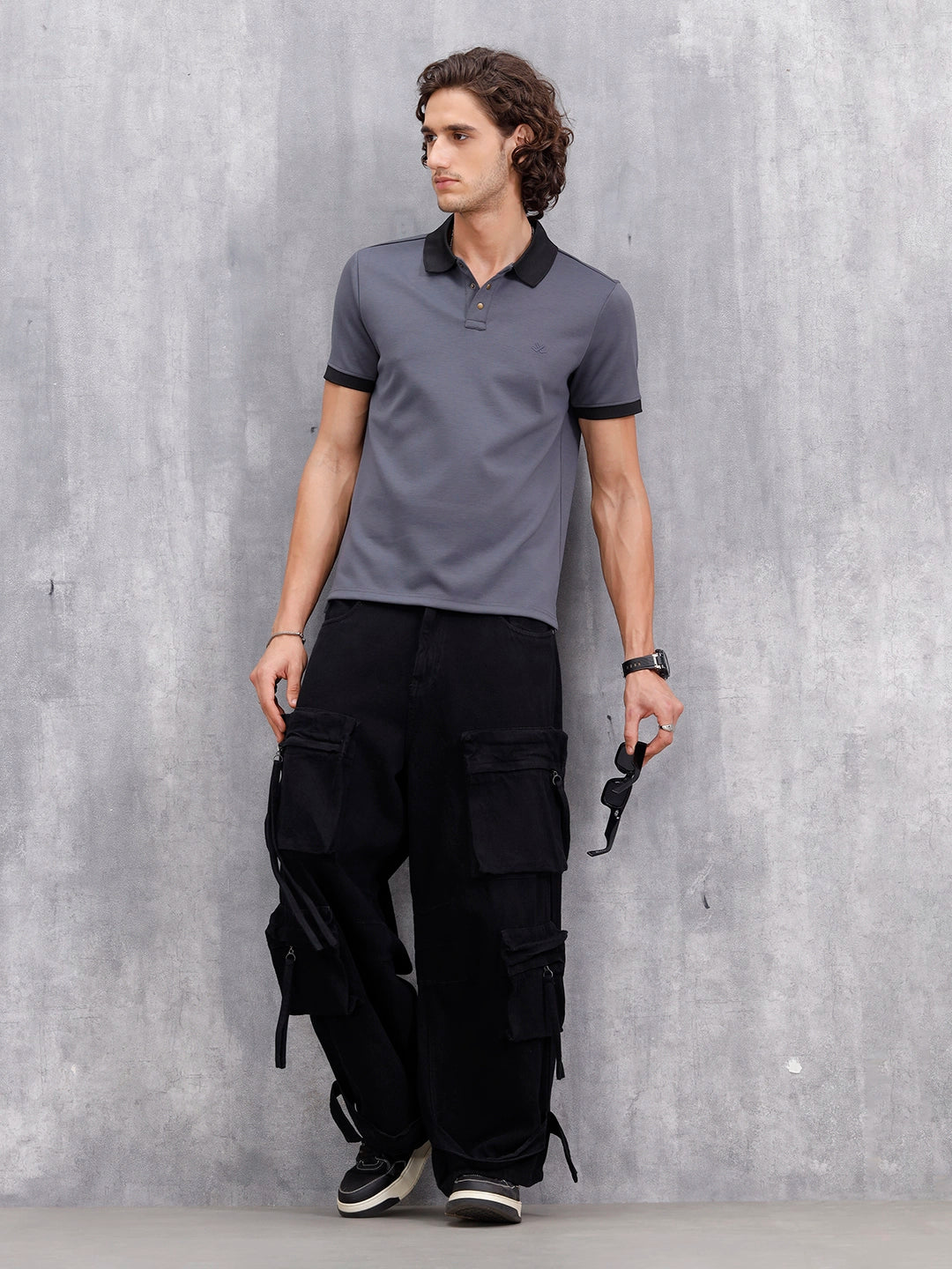 Men Slim Fit Polo Collar T-Shirt With Contrast Collar Dark Grey