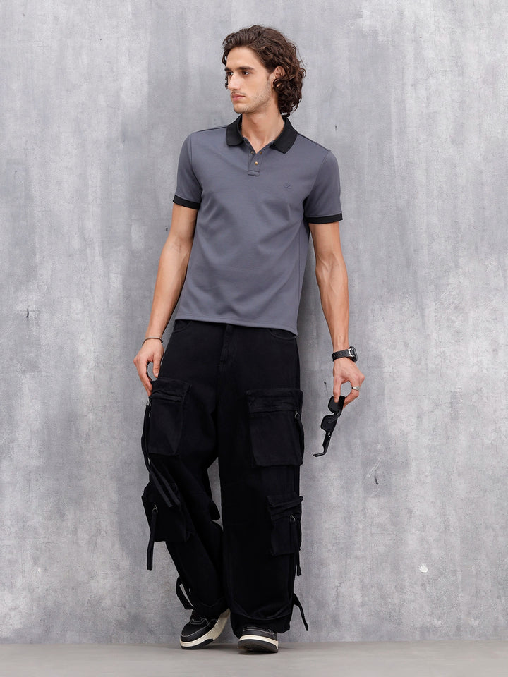Men Slim Fit Polo Collar T-Shirt With Contrast Collar | Dark Grey