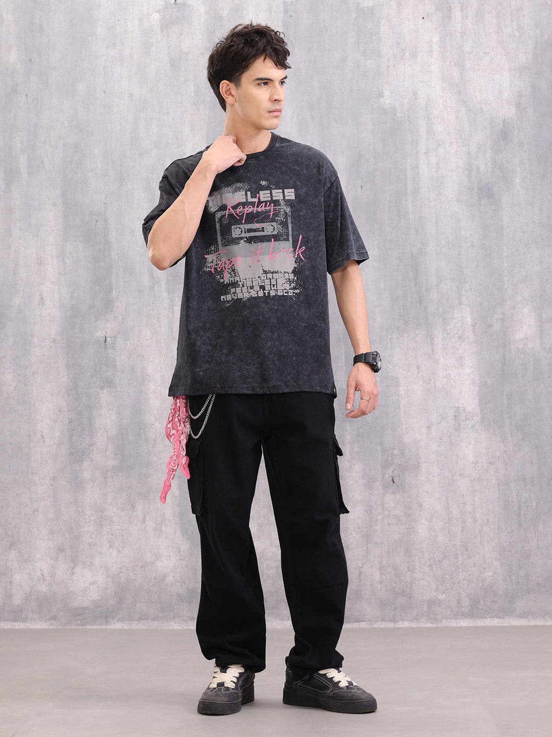 Acid Wash Graphic Printed Oversized Fit T-Shirt | Black