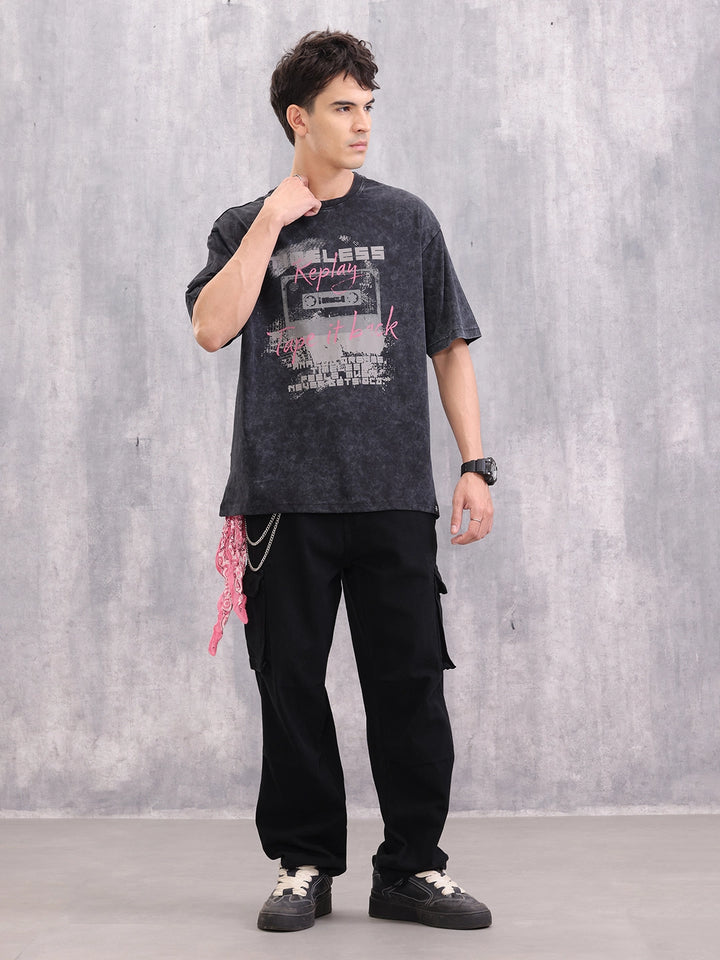 Acid Wash Graphic Printed Oversized Fit T-Shirt | Black