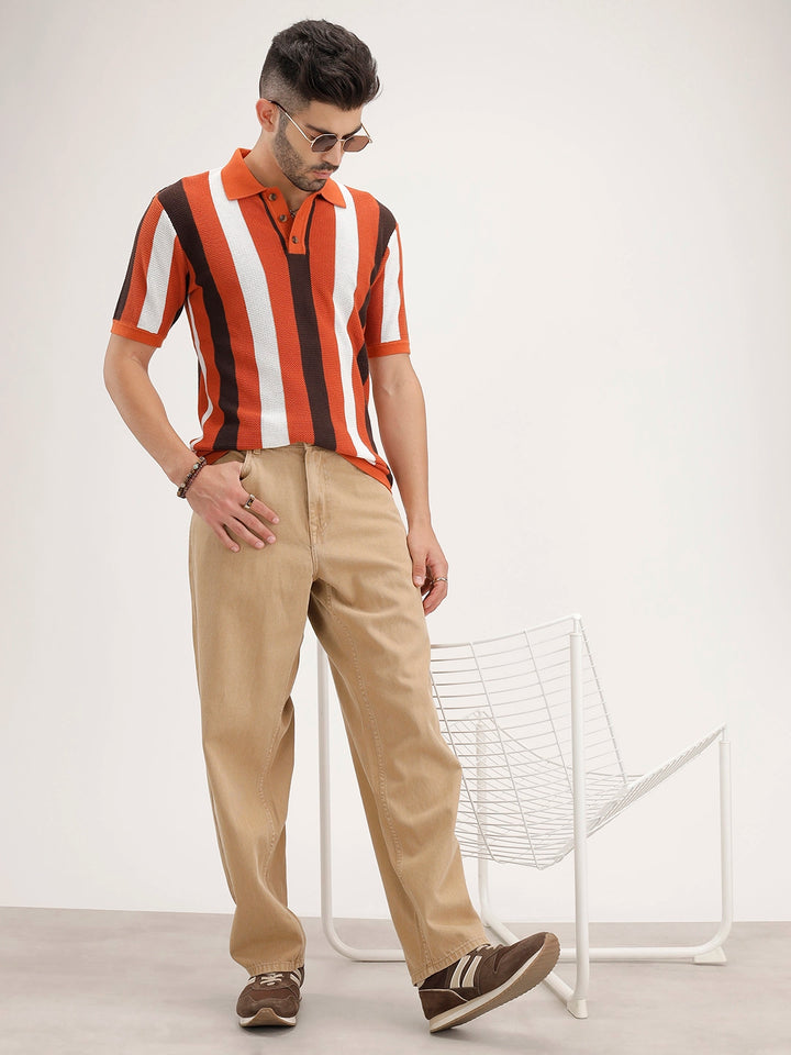Slim Fit Striped Polo T-Shirt | Rust