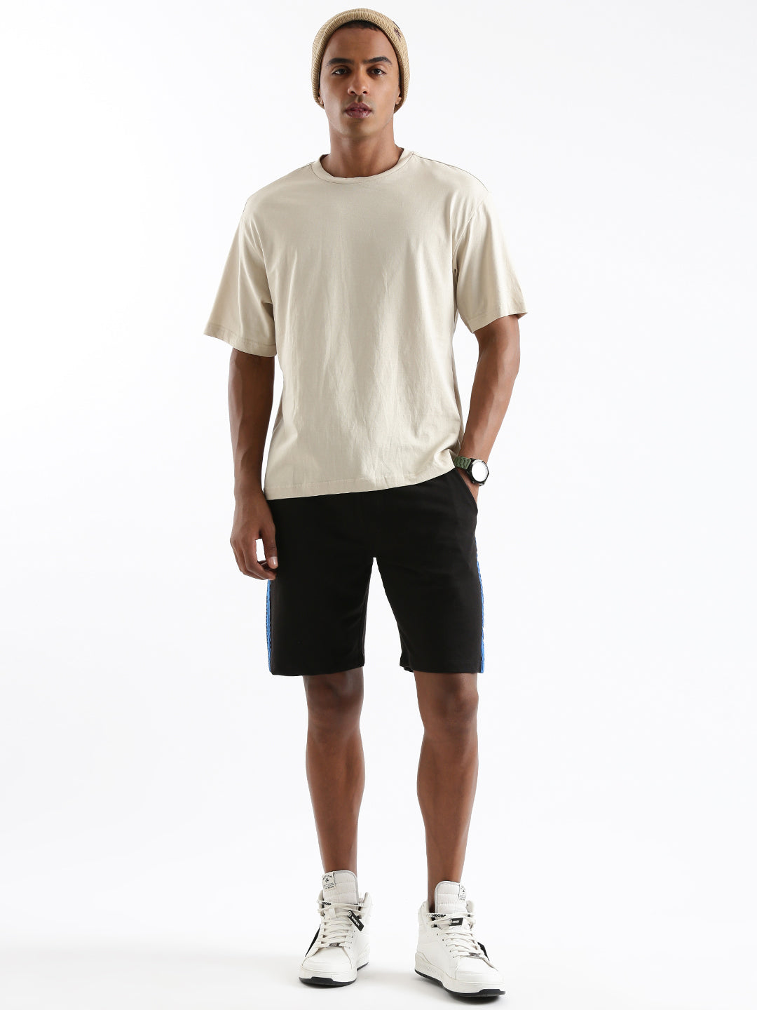 Solid Black Cotton Shorts With Side Panel