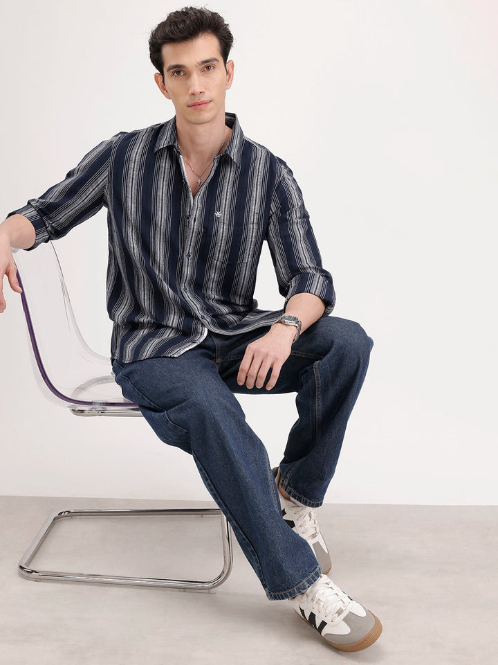 Slim Fit Textured Striped Shirt | Navy Blue