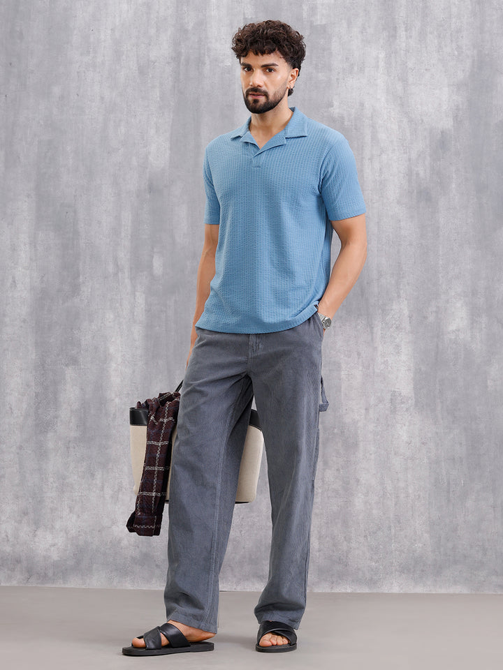 Resort Collar Textured Seersucker Fabric Polo T-Shirt | Blue