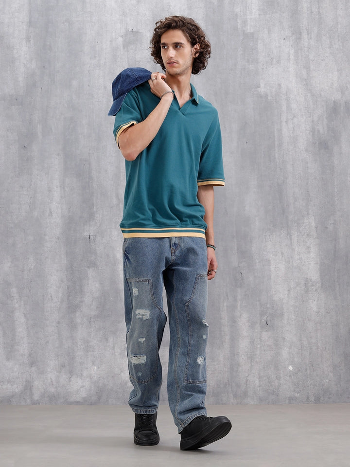 Oversized Polo T-Shirt With Contrast Trim Details | Teal