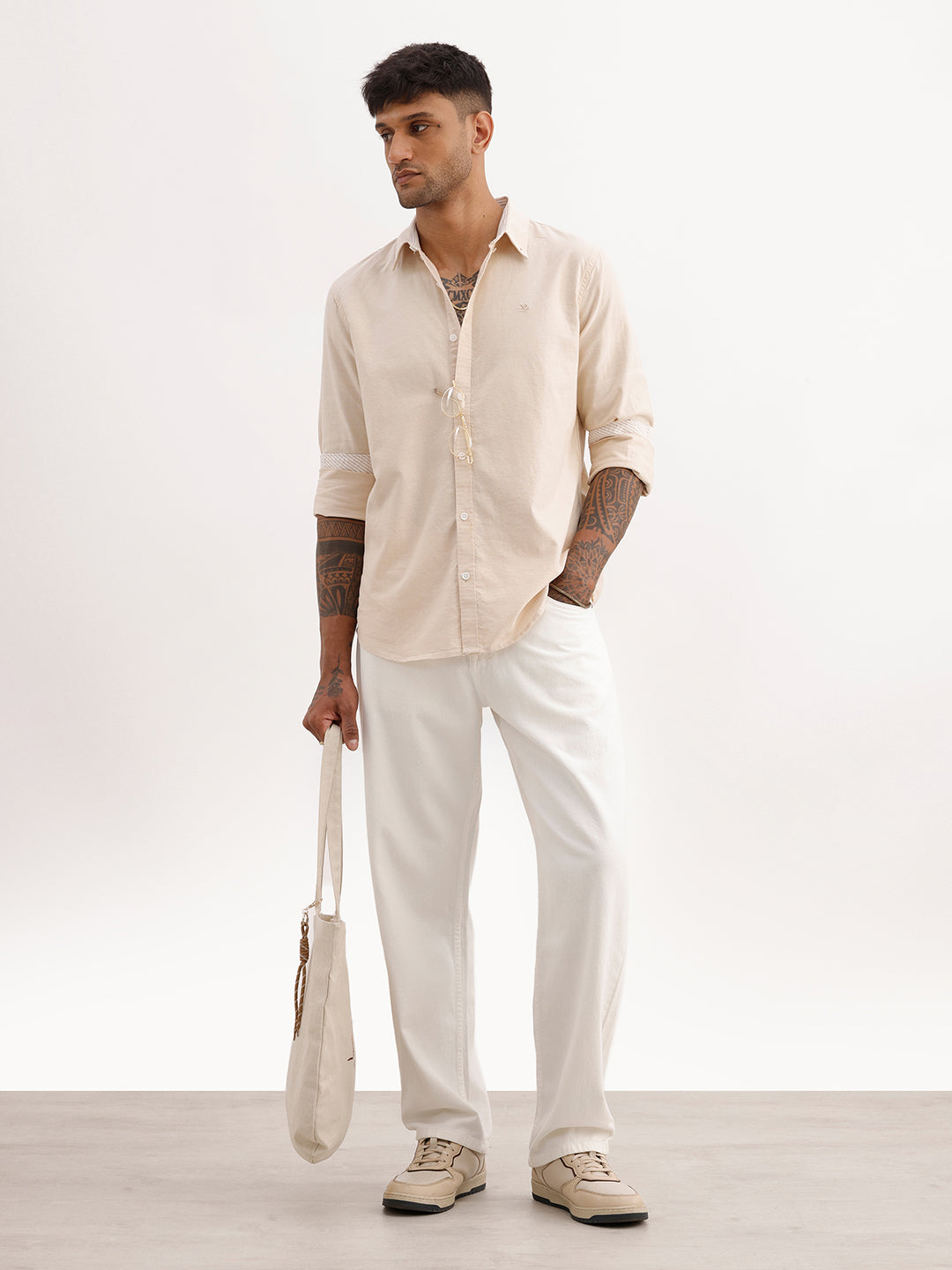 Solid Slim Fit 100% Cotton Shirt | Beige