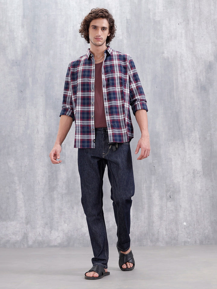 Slim Fit Cotton Indigo Twill Check Shirt | Maroon