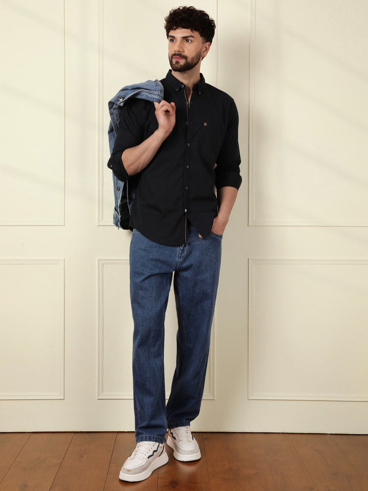 Solid Cotton Blend Stretch Shirt | Navy Blue