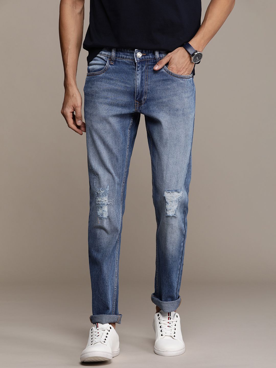 Mildly Distressed Regular Fit Denim Jeans