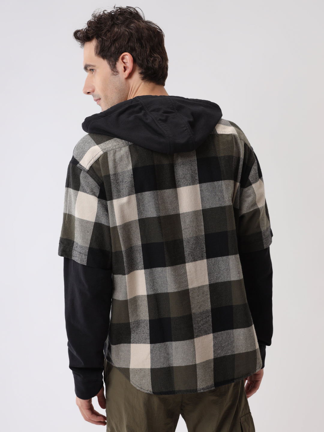 Hooded Checks Olive Boxy Fit Shirt