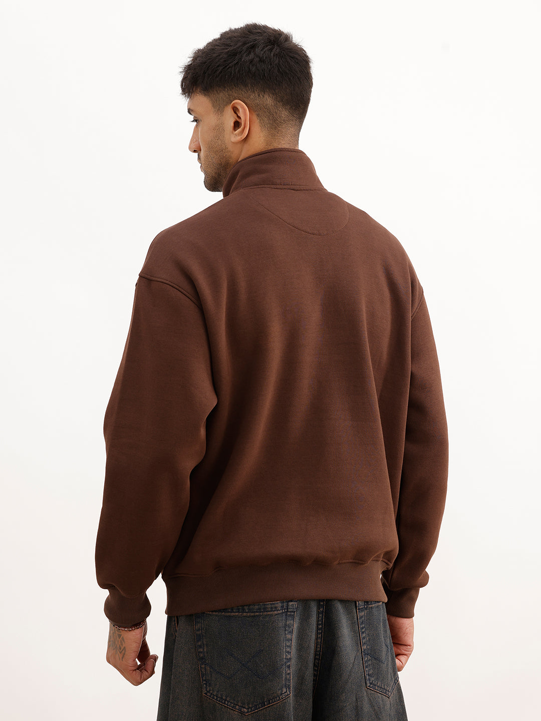 Oversized Embroidered Semi-Zipper Sweatshirt | Brown
